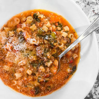 Bowl of high protein pasta e fagioli soup – bariatric recipe by Celebrate Vitamins