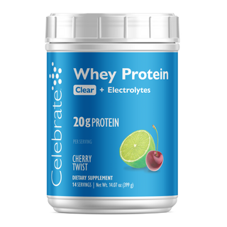 Celebrate Valleprotein Cherry Twist-beholder med blå etiket på en hvid baggrund