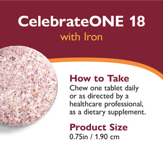 CelebrateONE 18 Bariatrisk multivitamin med jern, én gang dagligt, tyggetablet