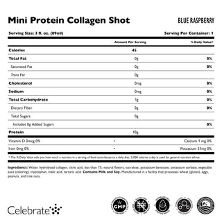 Næringsdeklaration for en Mini Protein Collagen Shot med blue raspberry-smag, inklusive portionsstørrelse, kalorier og ingredienser.