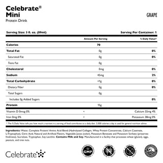Næringsdeklaration for Celebrate Mini Protein Drink med Grape smag på en hvid baggrund