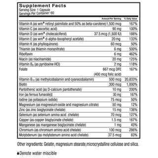 Supplement facts for Celebrate's Multi-Complete 60, a multivitamin with iron in a 60 count capsule supply